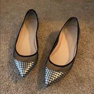J CREW PLAID SILVER & BLACK BALLET FLATS POINTY 8M